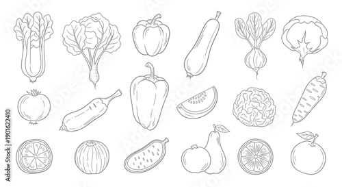 Collection of Fresh Vegetables and Fruits Hand Drawn Sketch Style.