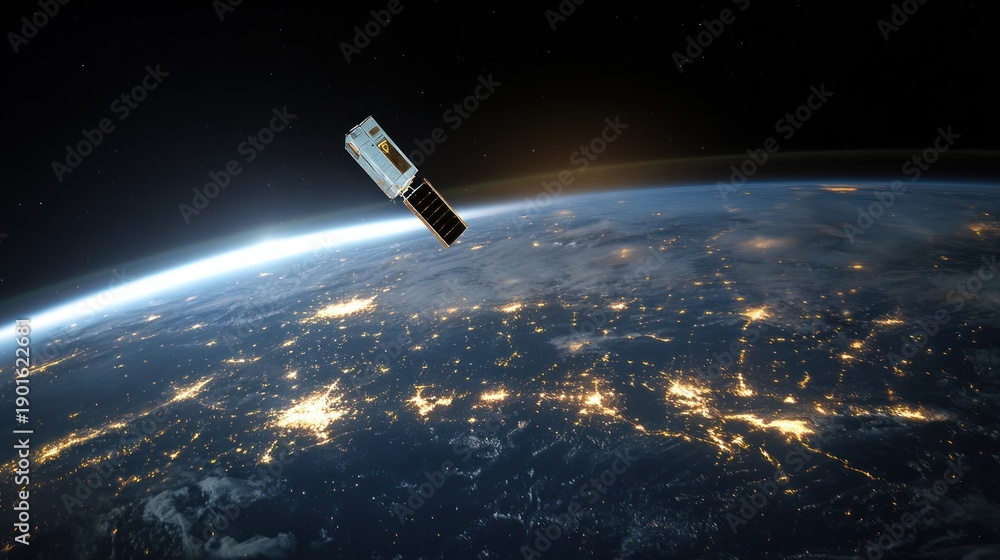 Obraz premium Satellite orbiting earth above illuminated cityscapes at night