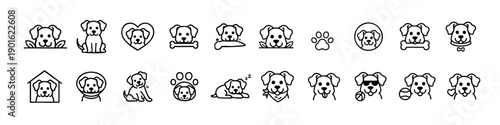 Cute Dog and Puppy Outline Icons Set