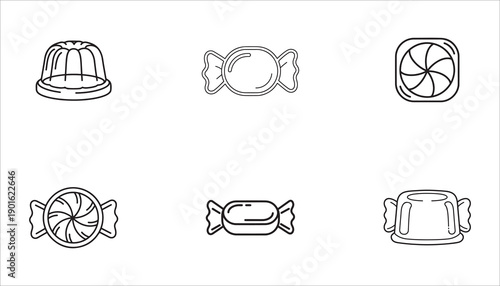 Assorted candy icons in a line format, featuring various sweet treats for confectionery