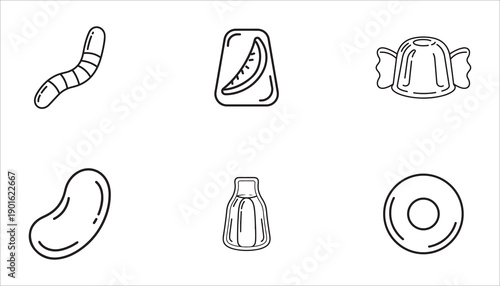 Collection of various candy and gummy shapes isolated on white background