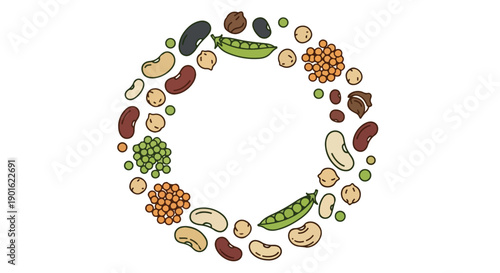 A circular arrangement of various nuts and seeds on a white background, conveying a sense of world pulses day with earthy tones.