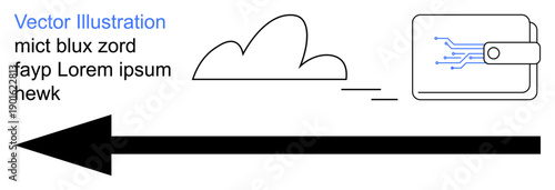 Data transfer, digital payments, cloud technology, online transactions, fintech, innovation. A cloud and digital wallet connected by motion lines and an arrow. Data transfer and digital payments