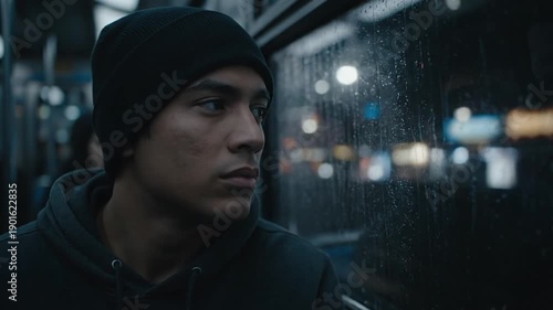 Young man in beanie looking out bus window on rainy night, city lights blurred