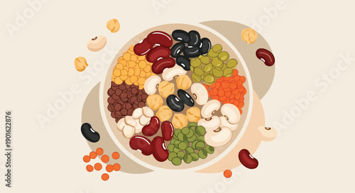 A vibrant bowl of assorted legumes and beans, including kidney beans, black beans, and chickpeas, on a clean background, conveying a sense of world pulses day with a warm and earthy tone