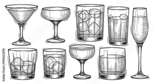 Collection of Hand Drawn Cocktail Glasses and Drinkware.