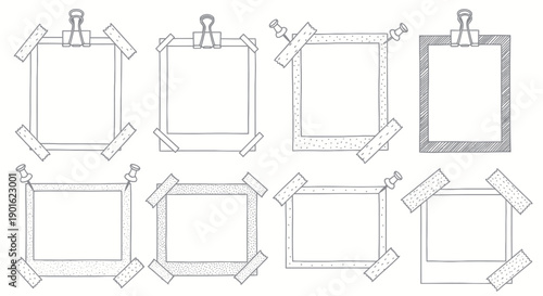Collection of Hand Drawn Empty Photo Frames with Clips and Tape.