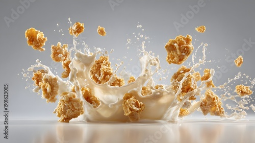 Dynamic Splash of Cereal and Milk - A Delicious Breakfast Scene.