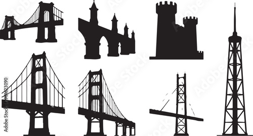 Collection of eight black silhouette architectural structures