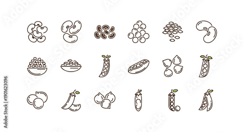 A flat lay of various vegetables and fruits illustrated in a simple line drawing style against a clean white background, conveying a natural and earthy mood with world pulses day.