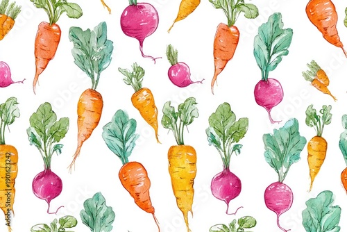 Watercolor pattern of carrots and radishes