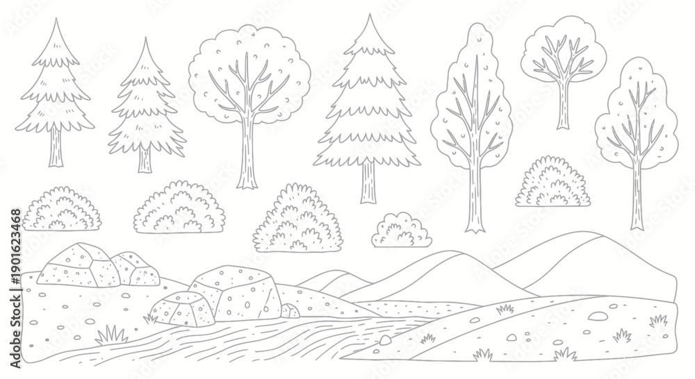 Obraz premium Collection of Hand Drawn Trees and Hills Landscape Elements.