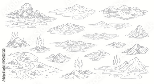 Collection of Hand Drawn Mountain Landscapes and Volcanoes.