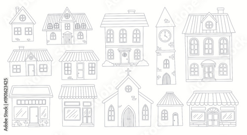 Collection of Hand Drawn Outline Buildings and Houses.