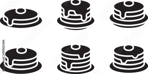 Multiple pancake stack icons with melting butter and dripping syrup on serving plates for breakfast