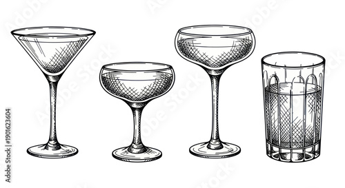 Collection of Hand-Drawn Cocktail Glasses and Tumblers.