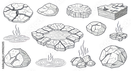 Collection of Hand-Drawn Cracked Earth and Stone Elements.