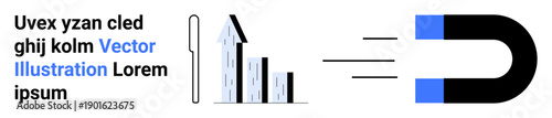 Business growth, marketing strategies, economic success, customer attraction, progress, conceptual analysis. Magnet pulling bar chart upward. Business growth and marketing strategies concept