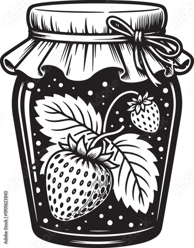 Hand drawn strawberry jam glass jar with fabric lid and bow tie in vintage woodcut engraving style