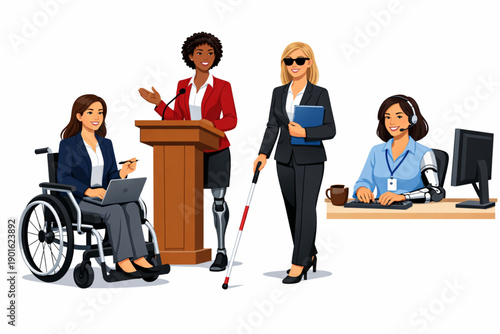 Diverse team of women with disabilities collaborating in a modern office environment