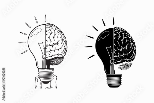 Creative illustration of light bulb with brain half showing idea concept design