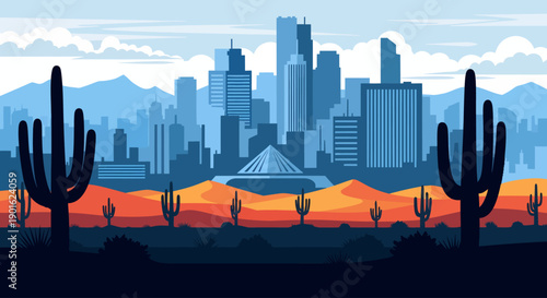 Silhouetted saguaros stand guard over rolling orange dunes as a cool blue metropolis rises like a modern mirage against the mountain skyline in this striking vector landscape