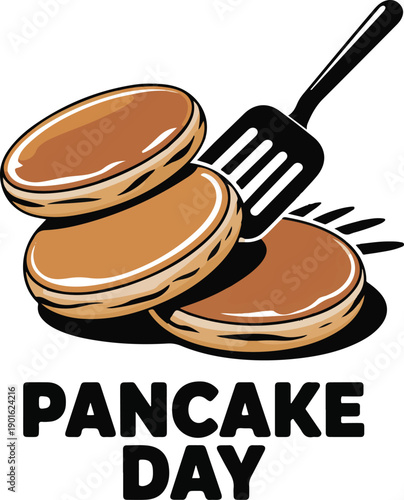 Pancake day typographic banner with stack of delicious hotcakes and spatula for breakfast promo idea
