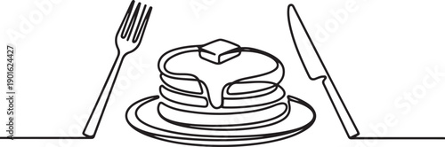 Continuous line art of pancakes with butter, syrup, fork and knife, breakfast setting