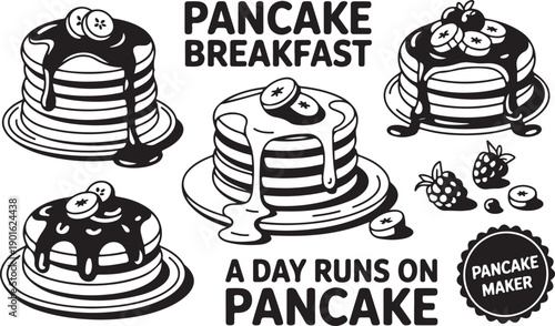 Pancake breakfast theme, different pancake stacks, fruit, and text, food quotes