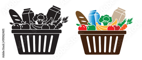 Two shopping baskets filled with fresh groceries and dairy products side by side illustration