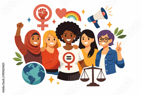 Diverse women united for equality and justice, symbolizing global sisterhood and empowerment
