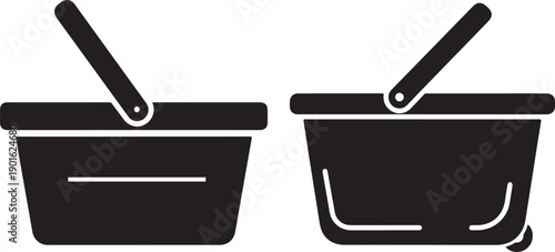 Two black shopping baskets with wooden handles displayed side by side on transparent background