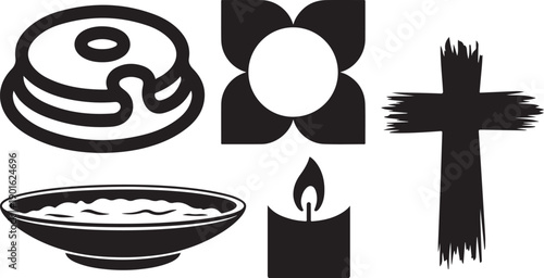 Collection of religious symbols and icons for ash wednesday, featuring cross, candle, and bowl with liquid.