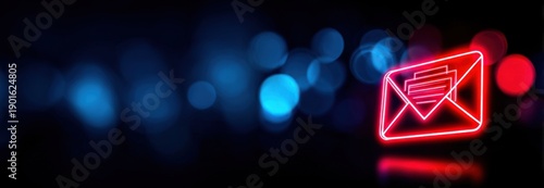 Red glowing email envelope icon with blue and red bokeh background, representing digital communication and email marketing concept.