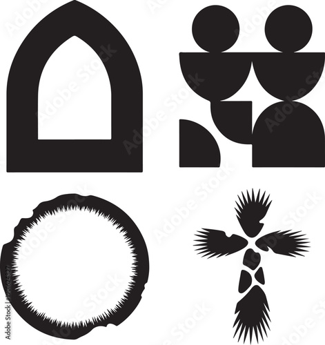 Religious arch window and palm cross with communal worship figures and sacred circle symbols set