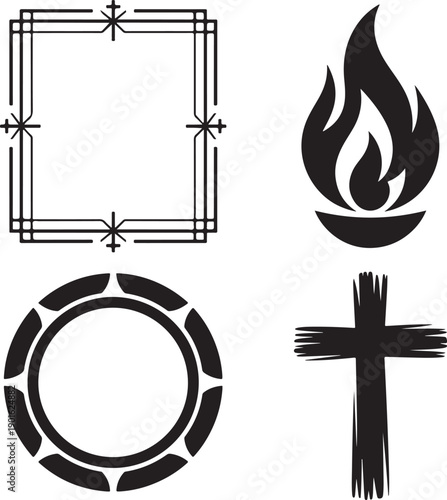 Ornate square border and eternal flame with rough cross and geometric circle for religious themes