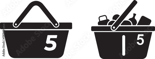 Two shopping baskets with different items and quantity numbers five displayed side by side