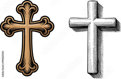 Two different styles of ornate christian crosses, one golden and one sketched