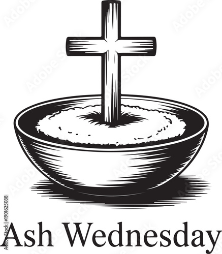 Ash Wednesday graphic with cross in bowl of ashes, symbolizing penitence and spiritual renewal