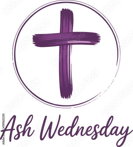 Purple brush stroke cross in circular frame with script typography for ash wednesday lenten season
