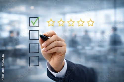 The hand of a professional putting a green check mark on a virtual check box, the concept of task completion, quality management.