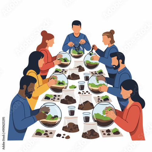 Group of people creating terrarium gardens.