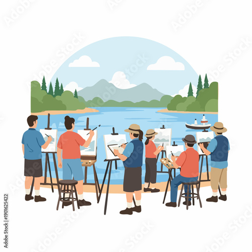 Group of people painting outdoors by a lake.