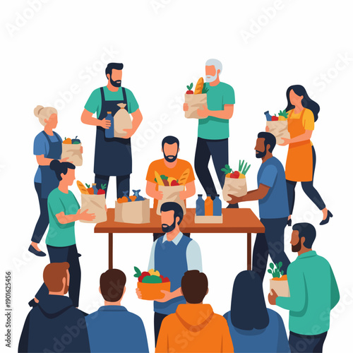 Diverse community volunteers distributing food and groceries at a charity event.