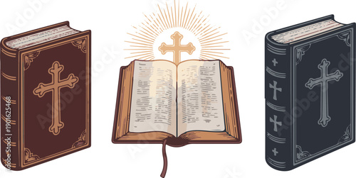 Collection of holy bibles with ornate covers and an open bible radiating light symbolizing knowledge scripture