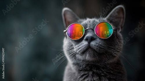 Cool Gray Cat Wearing Colorful Round Sunglasses Looking Up.