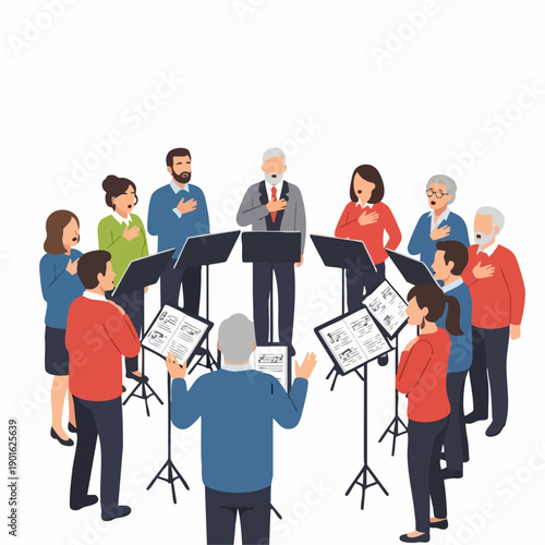 Diverse group of people singing in a choir with a conductor.