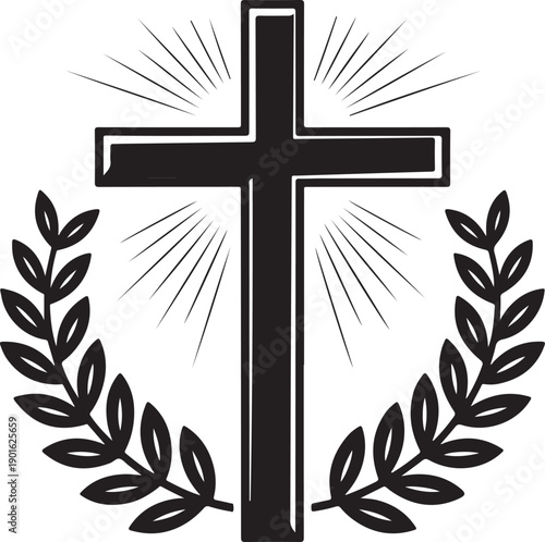Christian cross with laurel wreath and radiant light holy symbol of victory peace and glory