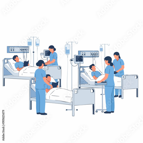 Nurses Caring for Patients in Hospital Beds with Medical Equipment.