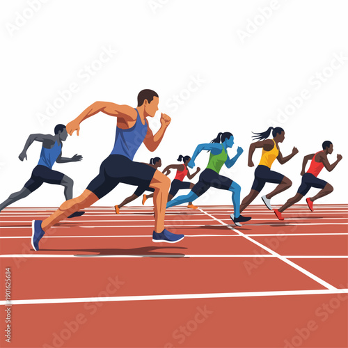 Diverse group of male and female athletes sprinting in a competitive race on a track.